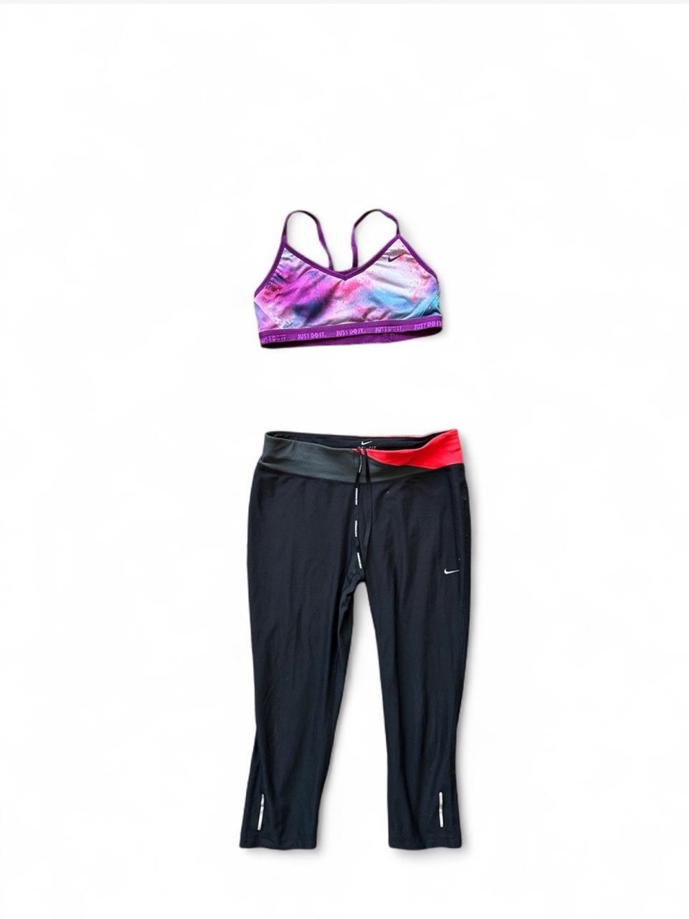 Women’s two piece purple orange black Nike workout athletic set